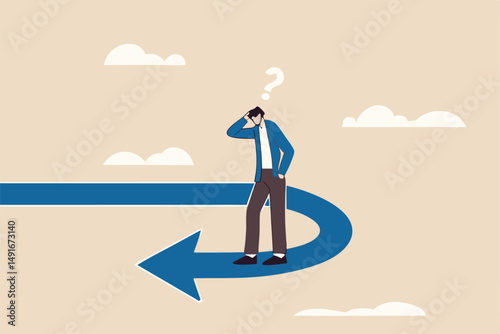Business turning point, break event or change direction, reverse back, interest rate or financial trend change concept, frustrated businessman investor looking at his reverse direction pathway.