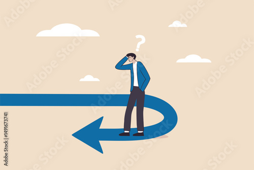 Business turning point, break event or change direction, reverse back, interest rate or financial trend change concept, frustrated businessman investor looking at his reverse direction pathway.