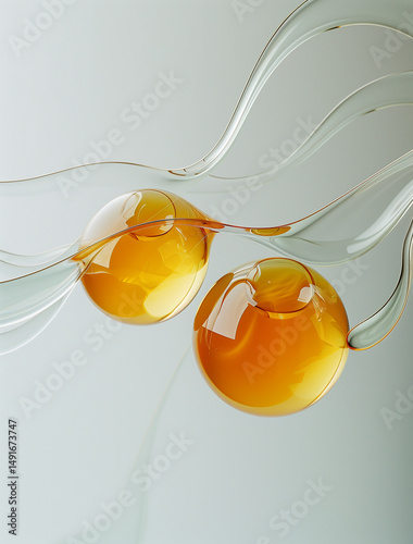 Yellow Oil Droplets on White Background, Silver Wire Lines, Organic Minimalist Design, High Contrast Shadows, Light Green Scheme