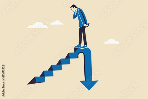 Stock market decline in crisis or bubble burst, investment or economic recession, career dead end or financial risk concept, frustrated businessman investor climb up stair with arrow down on top.