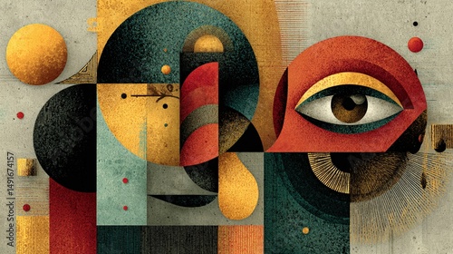 Abstract composition of geometric shapes, colors, and textures.  A stylized eye and other forms are interwoven in a vibrant design