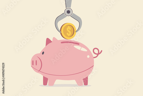 Automatic investment or savings, financial robot advisor or FinTech, technology using artificial intelligence for financial concept, smart robot arm putting golden coin money into savings piggybank.