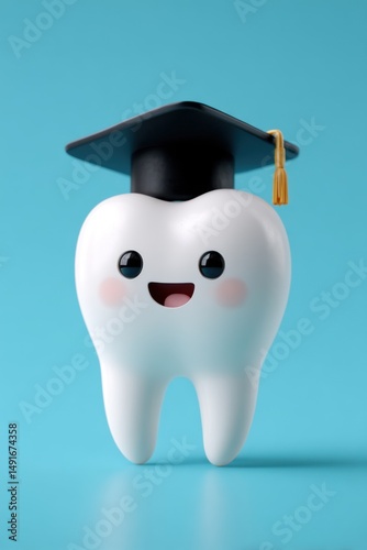 Happy Tooth Character Graduation Day Celebration Close Up Studio Shot on Blue Background Dental Education Concept