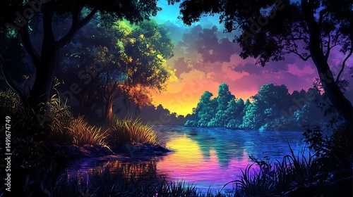 Colorful river forest sunrise landscape