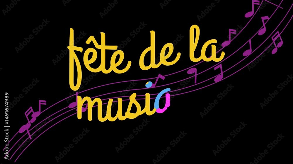 Music day text animation in french with music symbols background with alpha channel. Fete de la musique chroma key transparent