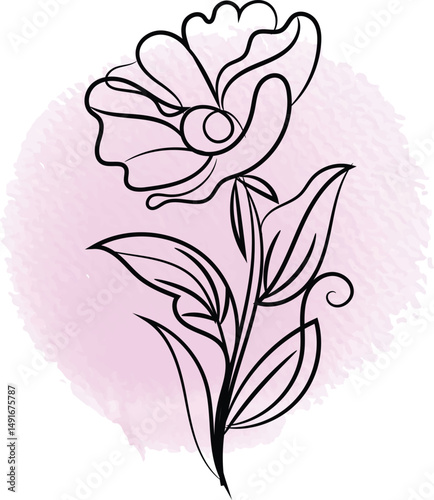 Elegant Line Art Sweet Pea Flower on Watercolor Background