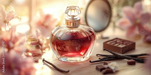 A glass perfume bottle with dark red liquid sits amidst pink blossoms, vanilla beans, and chocolate pieces on a sunlit table, near a vanity mirror