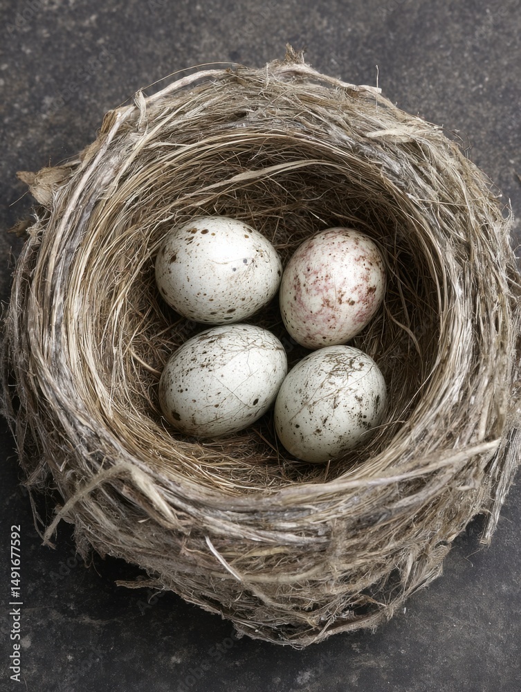 Obraz premium Bird's Nest with Speckled Eggs Close Up Still Life Top View Natural Light Springtime Symbol of New Life and Motherhood