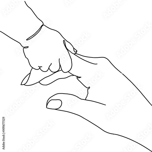 Continuous Drawing of Mother's Hand and baby's hand with one line vector art. Baby newborn hand line art with mother's hand.