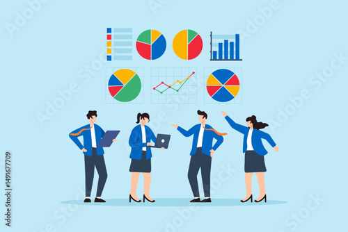 Flat illustration of team analyzing colorful pie charts and line graphs data analytics business strategy teamwork dashboard marketing research and performance tracking