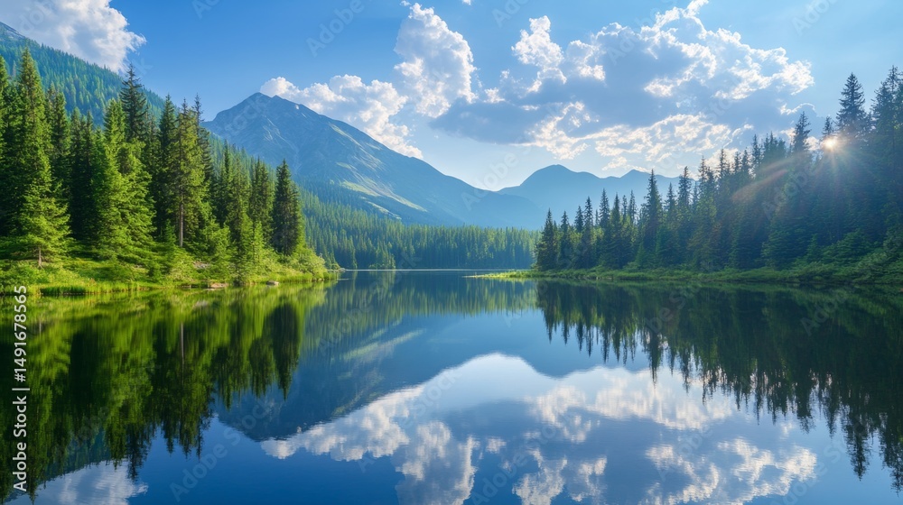Serene Mountain Lake Reflects Bright Summer Sky and Lush Trees Serene Mountain Lake Reflects Bright Summer Sky and Lush Trees