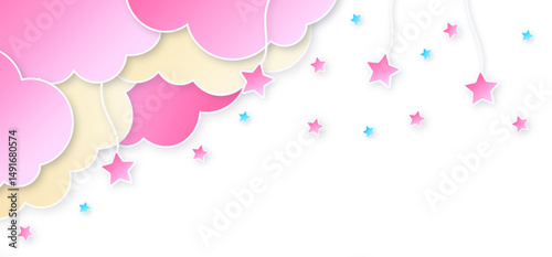 Pink clouds with star on blue sky corner background.