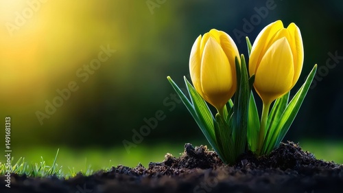 Early spring, awakening and budding concept. A pair of vibrant yellow tulips bloom from rich, dark soil, illuminated by soft sunlight, creating a serene and refreshing spring scene.