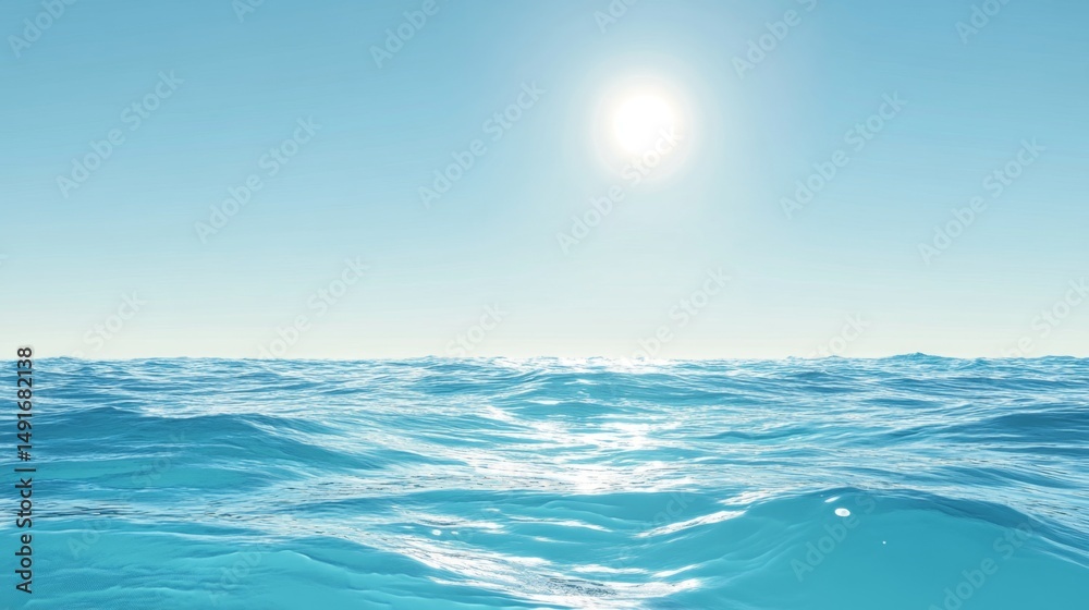 Fototapeta premium Bright Blue Sky with Radiant Sun Over Calm Ocean Waters