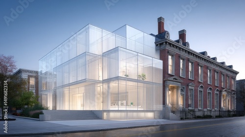 Modern Glass Building next to a Historical Red Brick Building at Dusk.