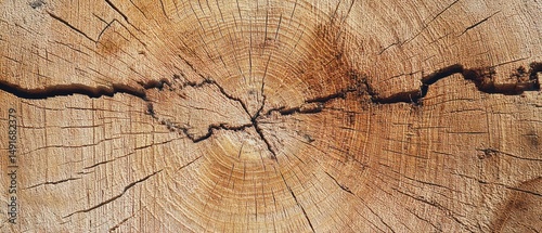 Close-up of a Cut Tree Trunk Showing Annual Rings and Cracks, Overhead Shot, Natural Light, Forest