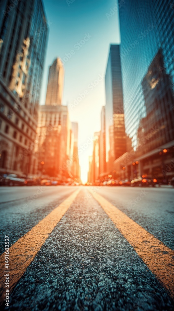 Obraz premium Urban avenue perspective looking toward bright sun between skyscrapers in city center at sunrise or sunset