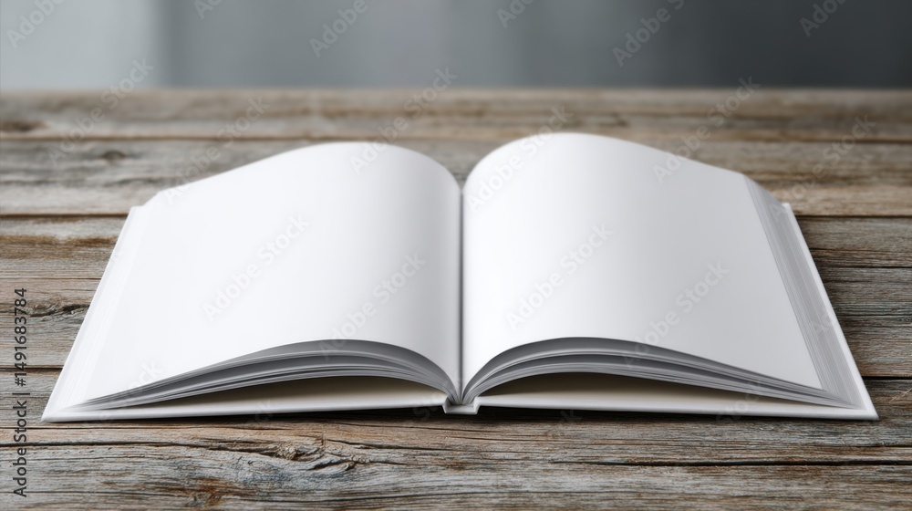 Fototapeta premium Open Book Mockup on Rustic Wood Tabletop in Natural Light for Writing or Design Projects Blank Pages for Text