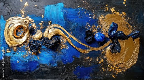 Abstract elegance with gold and blue glittery swirls in a moody dark space