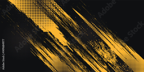 Black and yellow abstract background with brush stroke and halftone style. abstract grunge