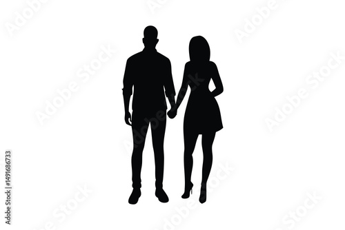 Silhouette of a man and woman holding hands, standing side by side, both facing forward, the woman in a short dress and high heels.