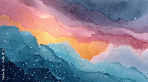 Abstract fluid art with layered colors and metallic accents