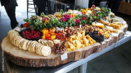 Abundant Cheese and Cracker Platter with Fruits Nuts and Flowers