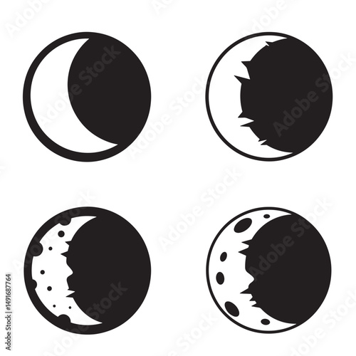 Four moon phases simplified black and white circular illustrations depicting astronomical celestial body changes through space and time