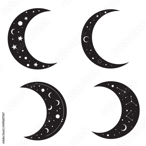 Vector illustration of four black crescent moons decorated with stars celestial objects and celestial body patterns