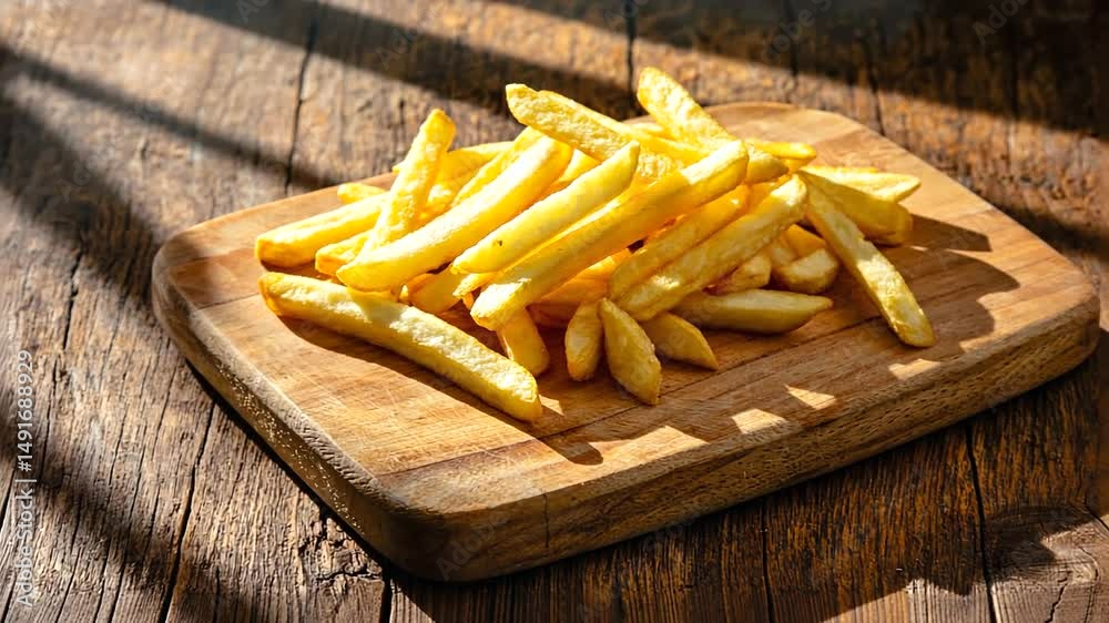 Freshly cooked golden fries served on a wooden board with natural sunlight casting shadows