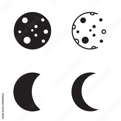 Celestial bodies represented by graphic icons featuring phases of the moon in flat black and white style for conceptual design