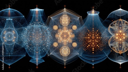 Abstract fractal patterns,  interwoven structures with glowing details, interconnected  forms