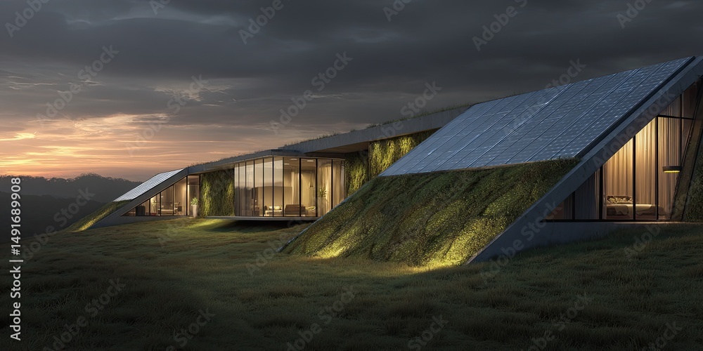 Earth Shelter Oasis Modern Home Blends with Nature at Sunset. Earth Shelter Oasis Modern Home Blends with Nature at Sunset.