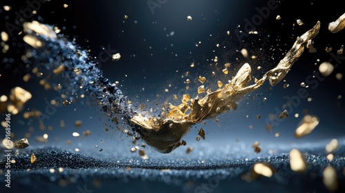 Blue and gold particle mist in motion, creating a celebratory yet elegant visual tone