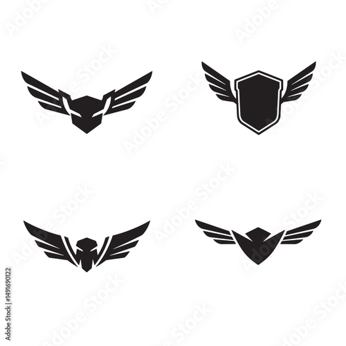 Collection of four vector logos featuring wings and shields in a modern minimalist and emblematic style