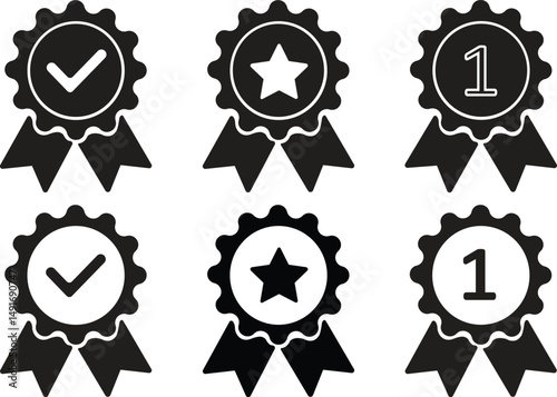Approved or certified badge medal icon set in flat styles. Approval check mark. Containing quality, brand, stamp, inspector checking, award, reward, winner and prize vectors illustration collection.