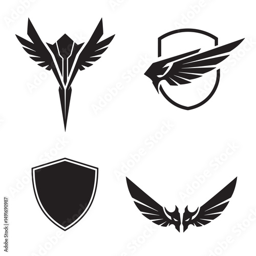Four minimalist emblem designs featuring wings and shields suitable for logos and graphic design projects