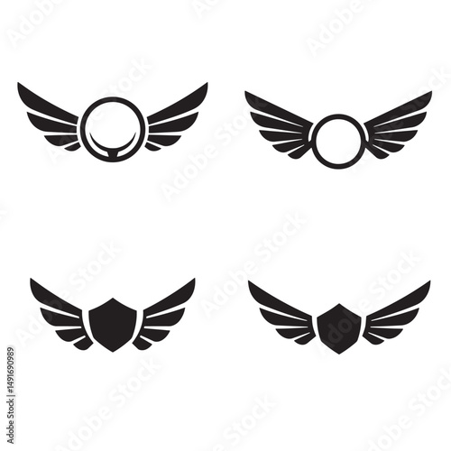 Four abstract winged logos in black and white suitable for emblems badges and heraldry designs