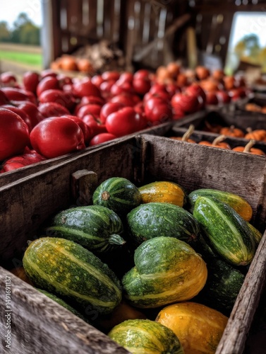 Autumn Harvest Bounty Close Up of Tomatoes Zucchinis and Pumpkins in Wooden Crates at Farm Market