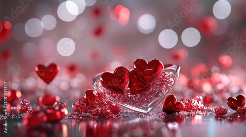 Blurry glowing red hearts in bokeh effect for a dreamy Valentine's evening theme