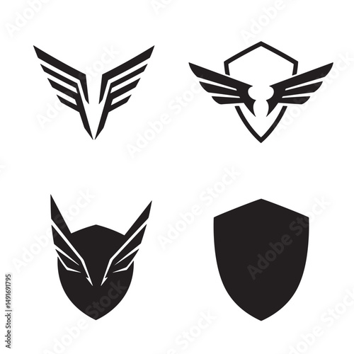 Set of four black winged shields and geometric badge icons ideal for branding and identity design