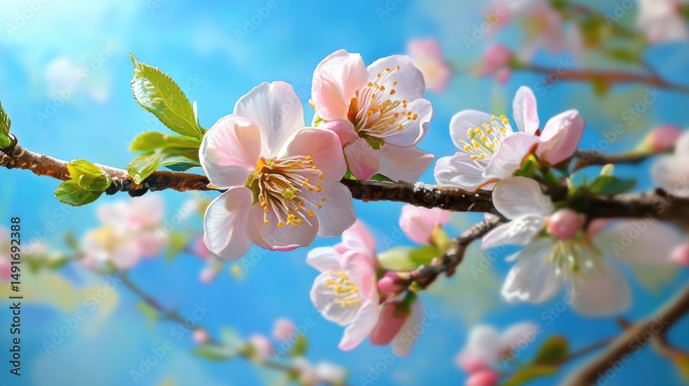 Obraz premium Close-up of spring blossoms on fruit tree branch, vibrant and lifelike floral detail