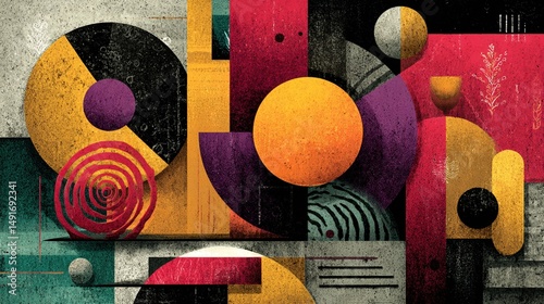 Abstract geometric composition with vibrant color blocks and shapes