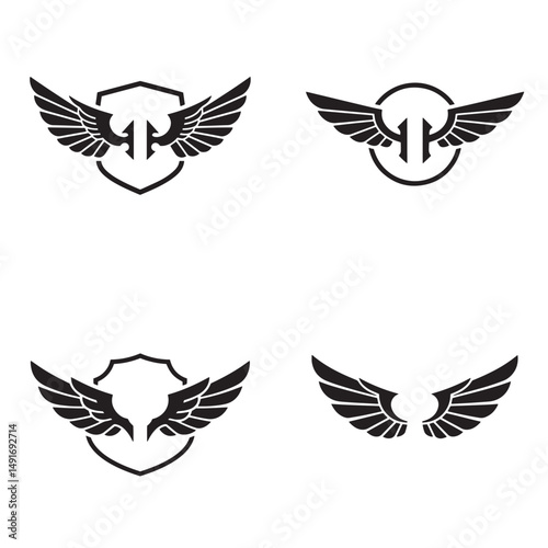 Set of elegant winged emblems featuring shields circles and detailed feathered wing designs ideal for logos and branding