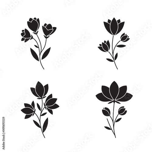 Elegant black floral silhouettes of various flower arrangements isolated on a white background for design projects