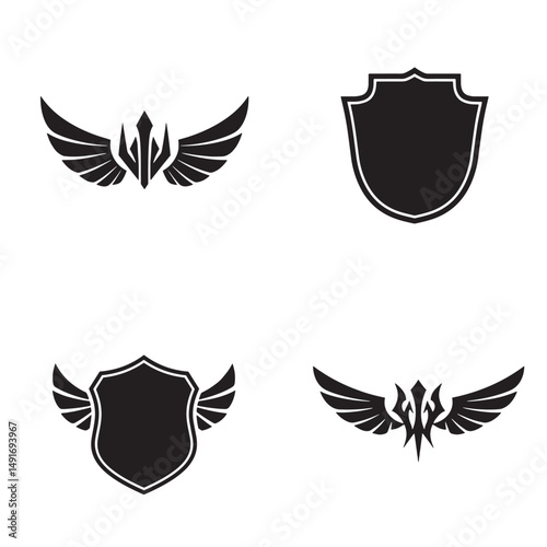 Collection of black heraldic designs featuring wings and shields for emblems and logo creations