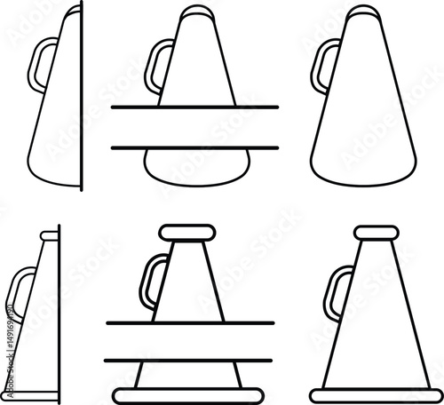 Cheerleader split megaphone icon set black outline style. Contour symbol. Megaphone, pom-poms. Sport team support group. Customizable illustration Vector collection isolated on transparent background.