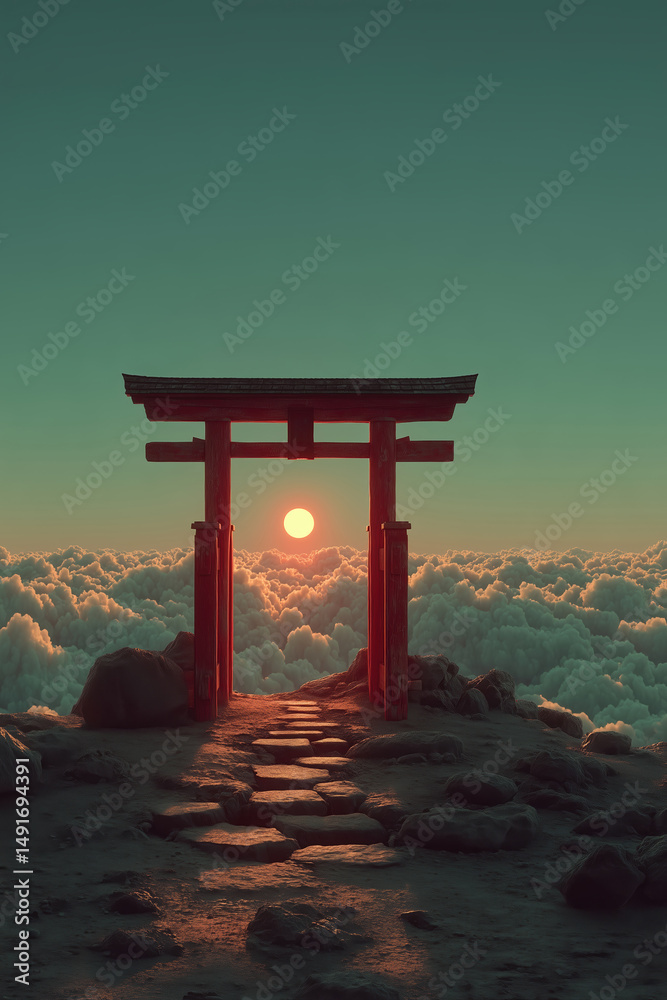 Fototapeta premium Torii gate emerging from clouds at sunset in a japanese shrine