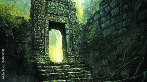 Ancient Jungle Gateway: Mysterious Stone Ruins Hidden Deep Within Lush Tropical Foliage