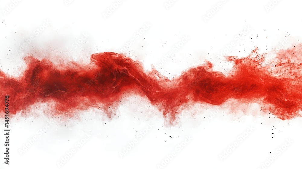 Abstract red ink swirls on white background, creating a dynamic, flowing composition with textured details and scattered particles